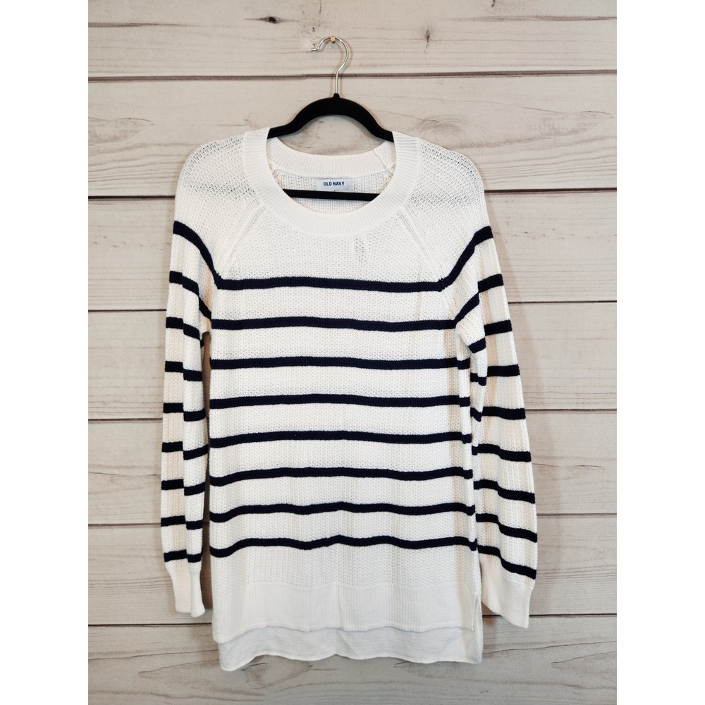 Old Navy Womens M White Black Striped Textured Knit Crewneck Sweater‎ High-Low